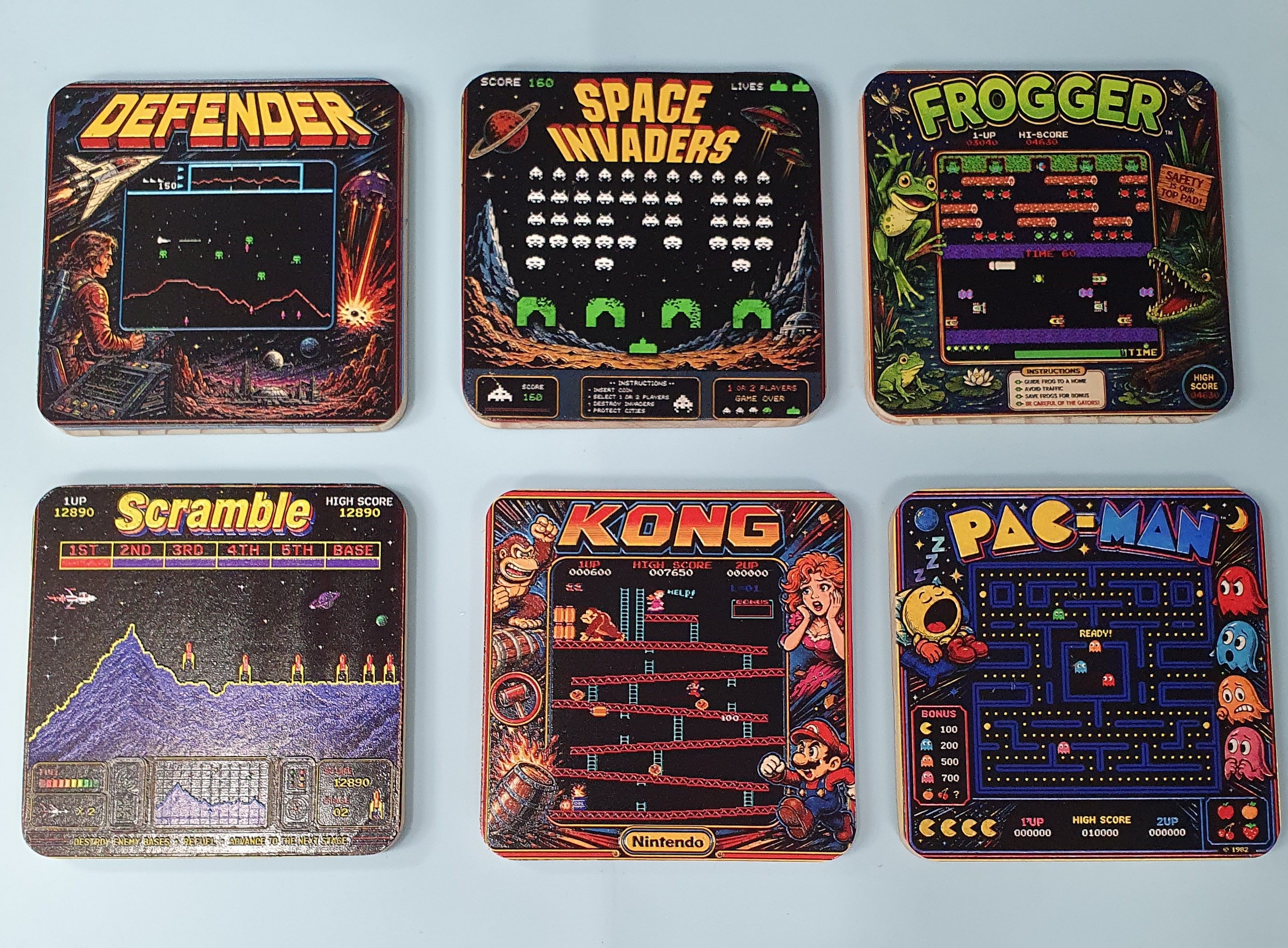 Retro Arcade Game Coaster Set of 6, Wooden Gaming Coasters, 80s Gamer Gift, Pac Man Space Invaders Frogger Decor