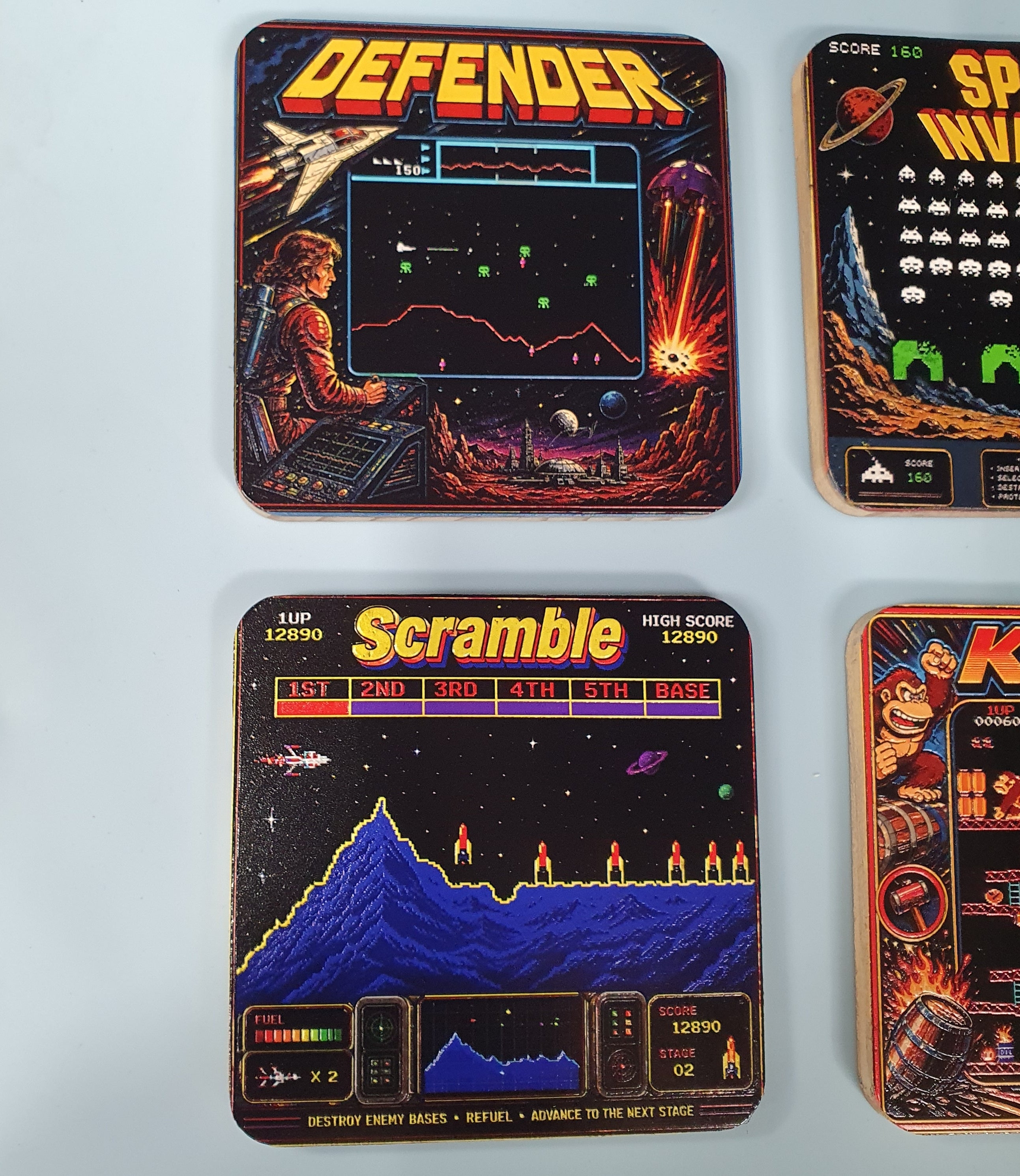 Retro Arcade Game Coaster Set of 6, Wooden Gaming Coasters, 80s Gamer Gift, Pac Man Space Invaders Frogger Decor