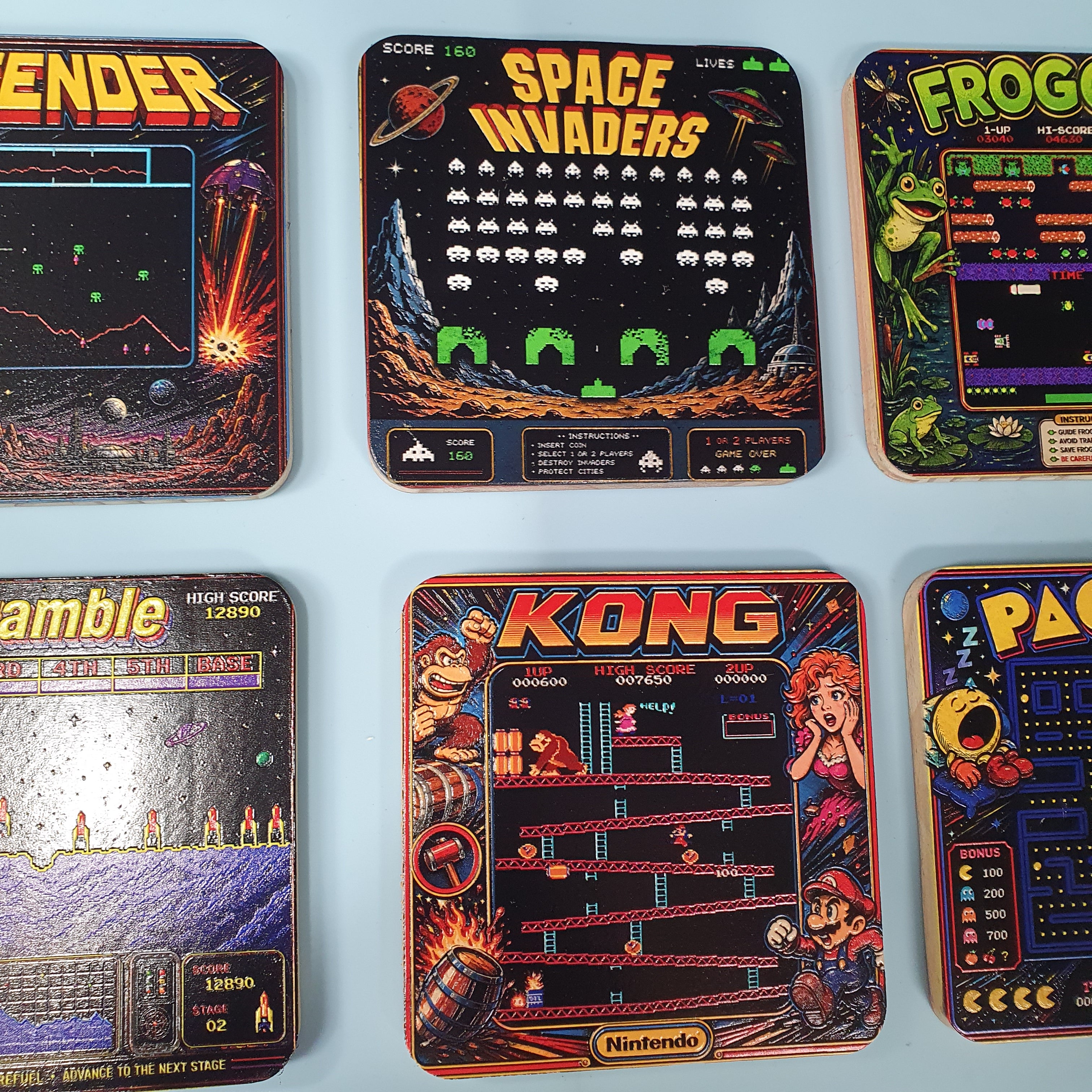 Retro Arcade Game Coaster Set of 6, Wooden Gaming Coasters, 80s Gamer Gift, Pac Man Space Invaders Frogger Decor