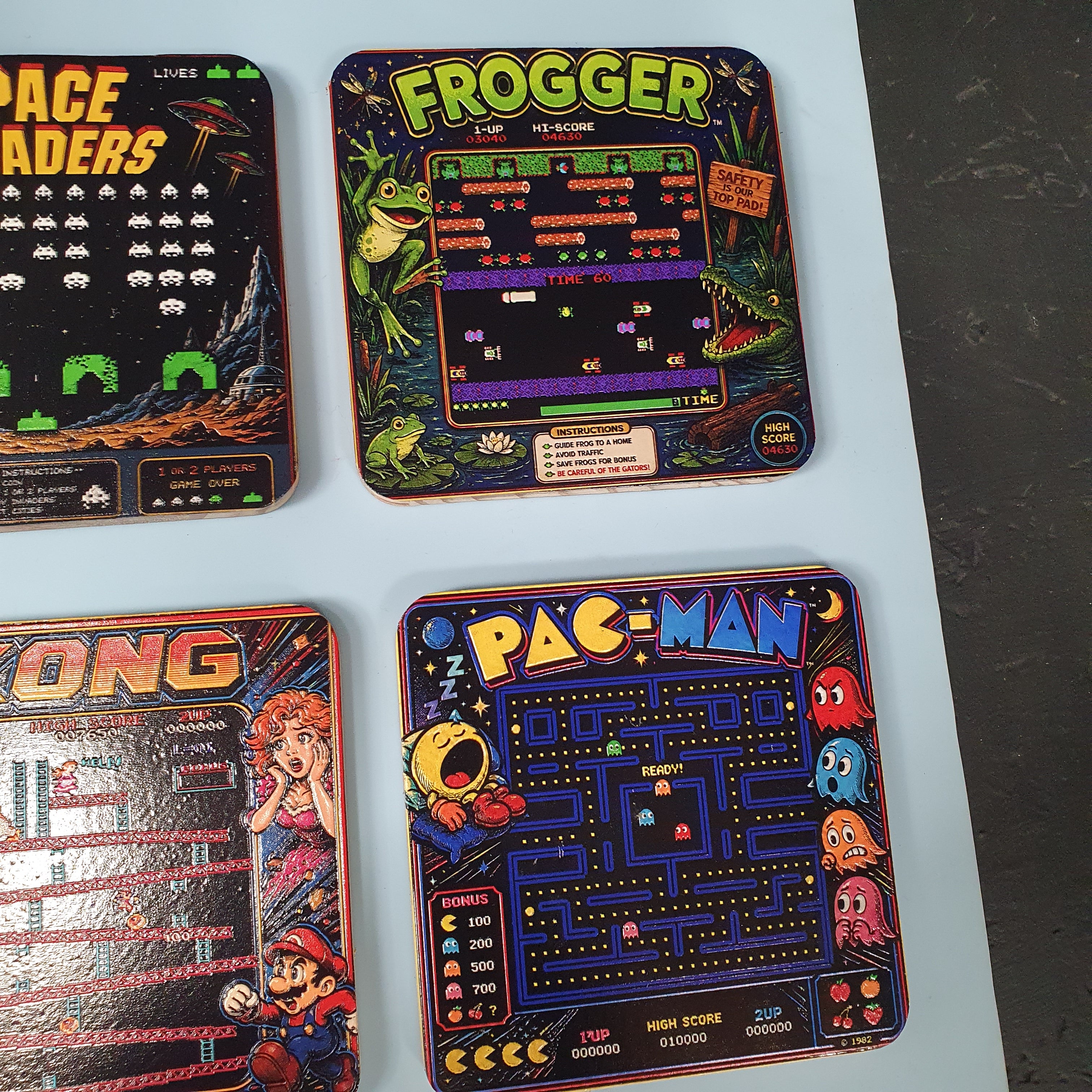 Retro Arcade Game Coaster Set of 6, Wooden Gaming Coasters, 80s Gamer Gift, Pac Man Space Invaders Frogger Decor