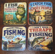 Set of four funny wooden fishing coasters with humorous angler quotes, vintage artwork and textured UV print, measuring 10cm square with protective rubber feet.