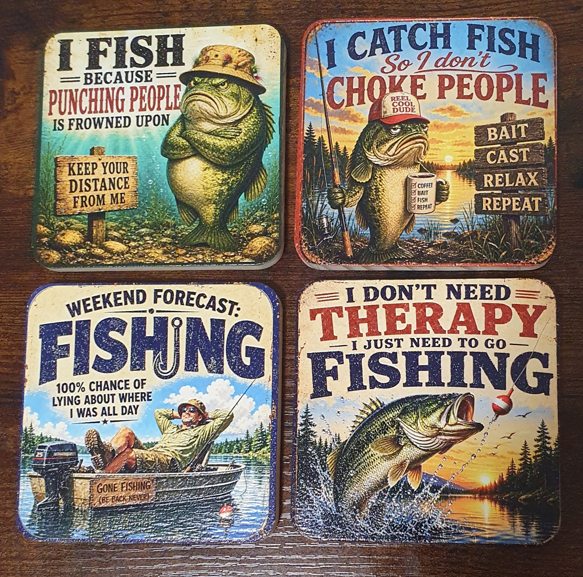 Set of four funny wooden fishing coasters with humorous angler quotes, vintage artwork and textured UV print, measuring 10cm square with protective rubber feet.