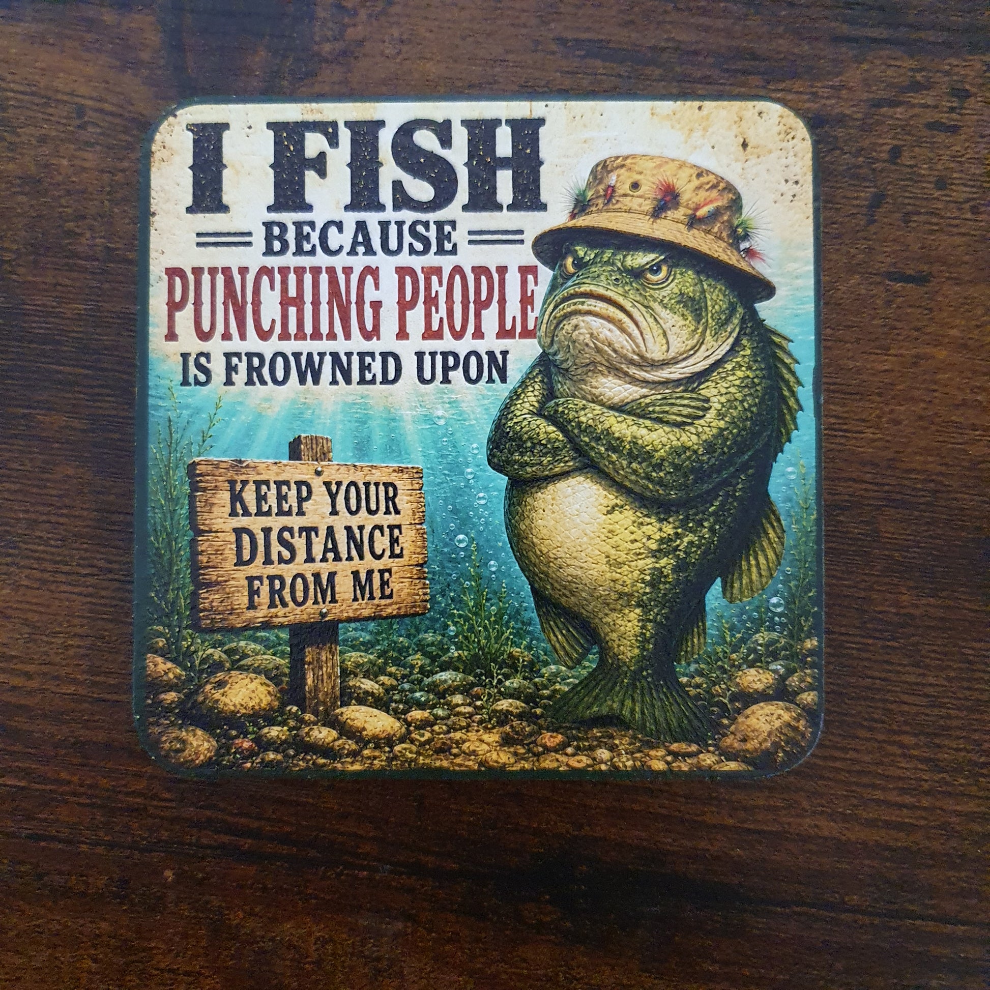 Funny wooden fishing coaster showing a grumpy fish wearing a fishing hat with the quote "I Fish Because Punching People Is Frowned Upon" and textured UV printed artwork.