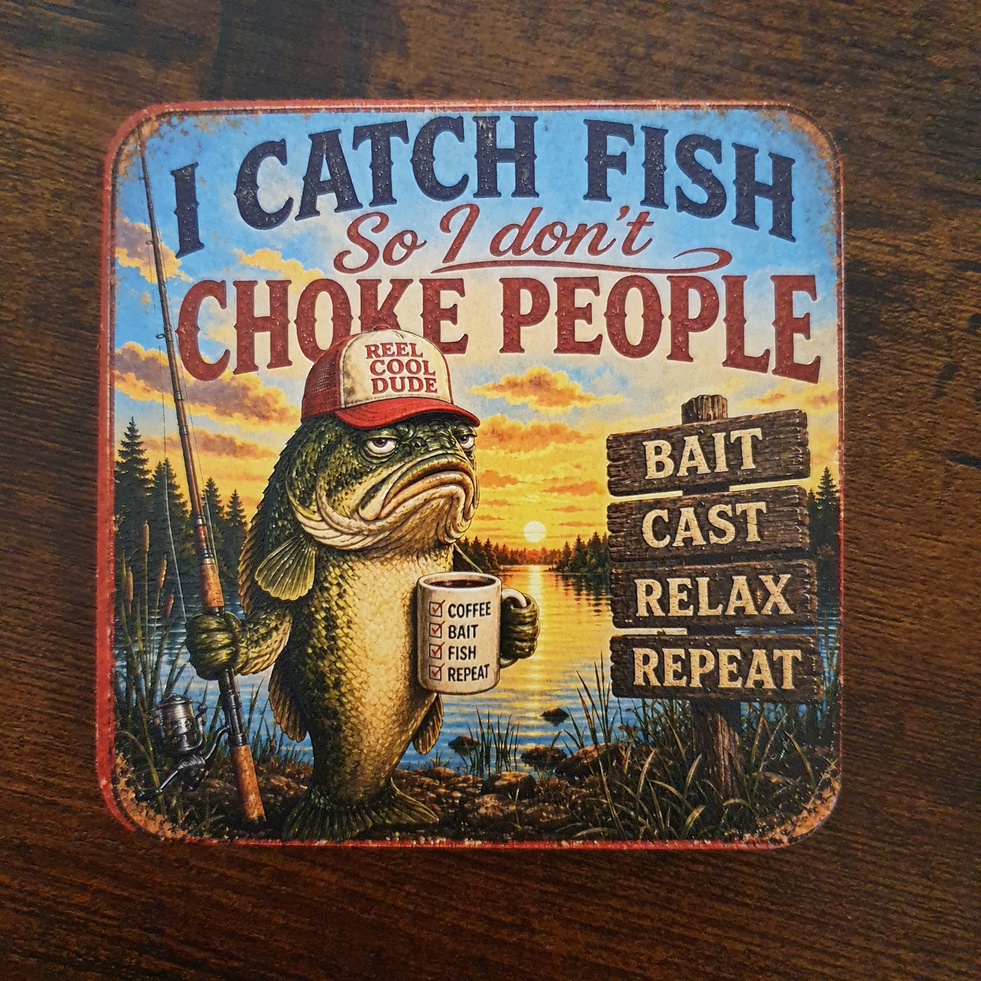Vintage-style wooden fishing coaster showing a fish holding a fishing rod and coffee mug with the quote "I Catch Fish So I Don't Choke People", complete with textured UV print and rubber feet.