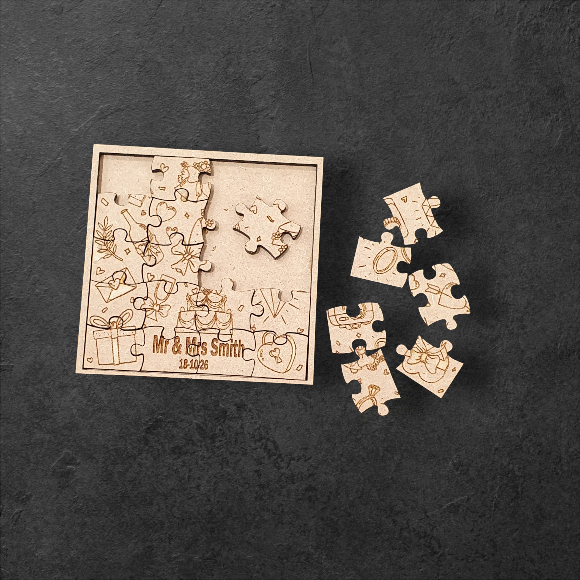 Mini wooden party games for wedding guests including tic tac toe and puzzles