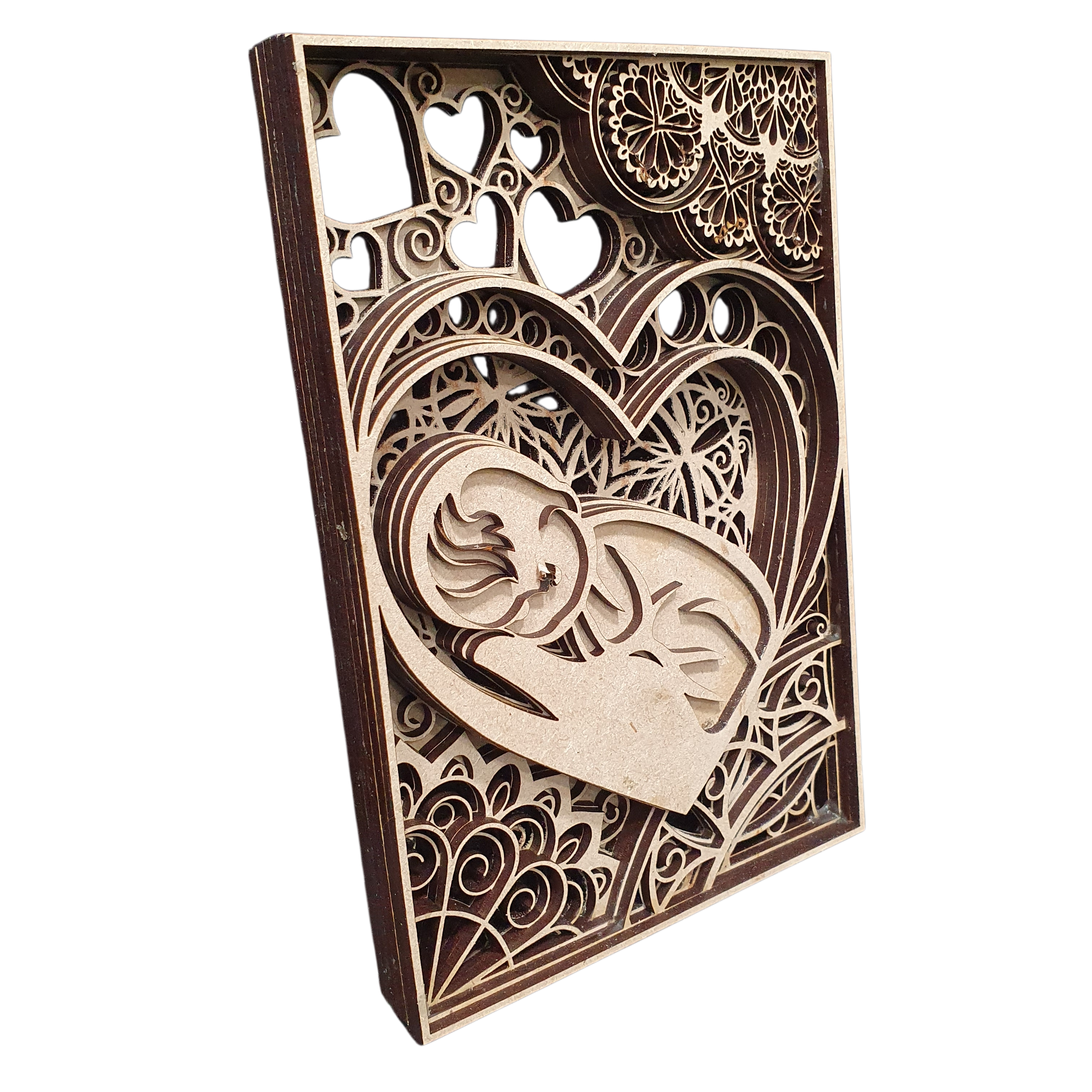 3D layered wooden baby in heart design with intricate cut-out details