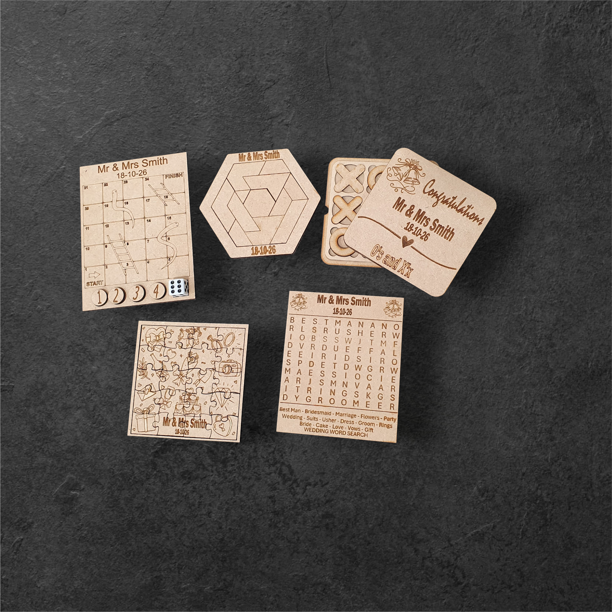 Personalised wooden wedding games with custom engraved surname and wedding date