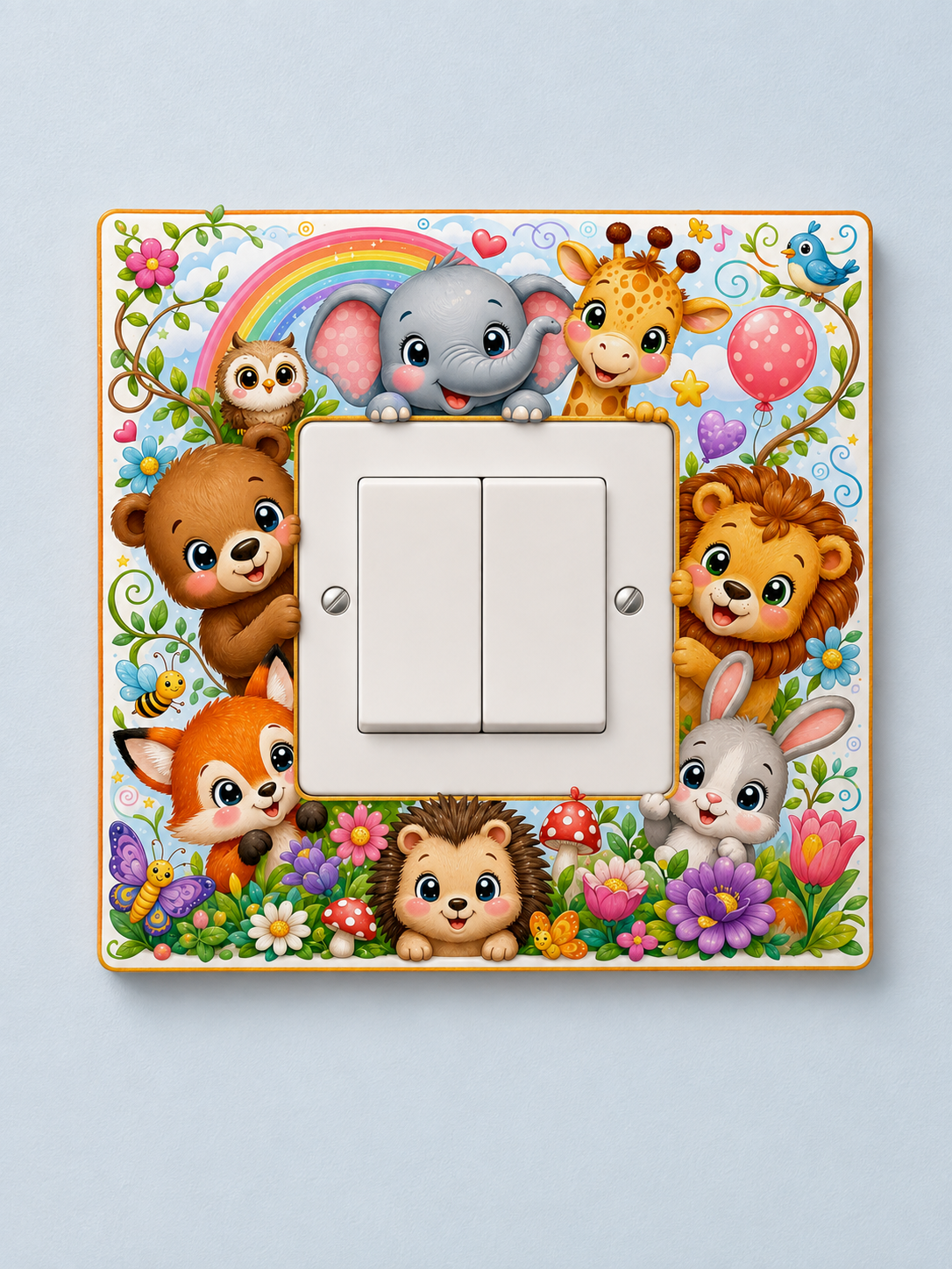A square decorative light switch plate cover featuring a colorful cartoon safari animal design with a white double-toggle switch in the center, shown against a light blue-gray background.