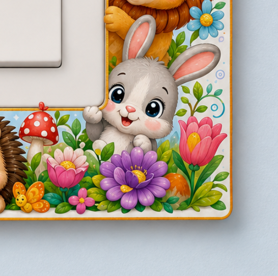 A close-up of a decorative switch plate featuring a cute cartoon rabbit peeking from behind colorful flowers, leaves, a mushroom, and a butterfly, mounted on a light blue wall.