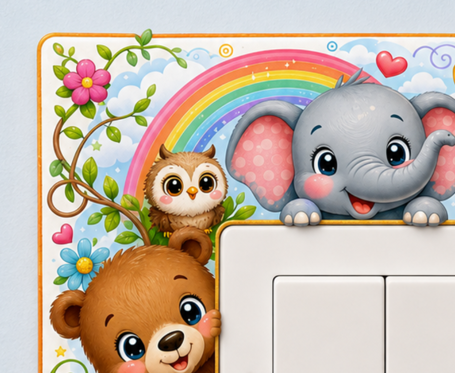 A square decorative sticker or decal with a colorful cartoon design, shown applied to the corner of a white double-switch panel. The design features a smiling gray elephant, a brown bear peeking in from the bottom left, a brown owl on a vine, pink flowers, green leaves, and a rainbow on a white background.