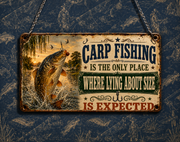 Funny acrylic hanging fishing sign featuring a leaping Carp and vintage distressed artwork, complete with metal hanging chain for man caves, fishing lodges and anglers.