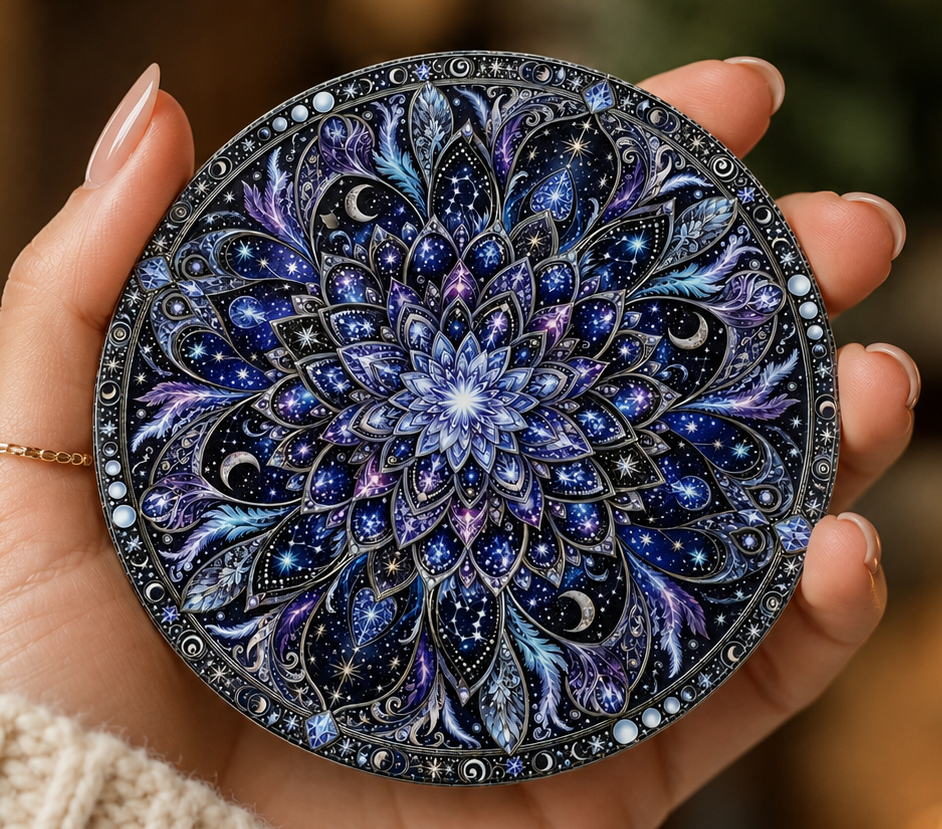 A hand holds a round decorative item featuring an intricate celestial mandala design in deep blues, purples, and black with white star-like speckles.