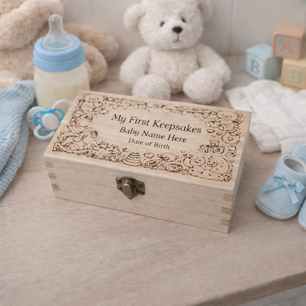 Aerial view of personalised wooden baby keepsake box engraved with baby name and date of birth