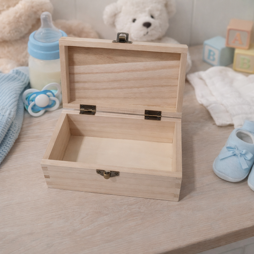 Open personalised wooden baby keepsake box showing storage space for baby memories