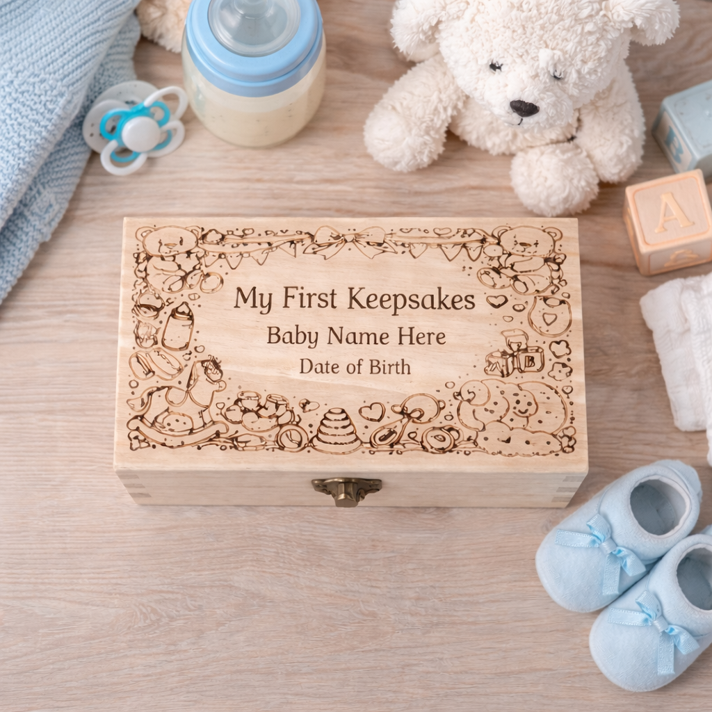 Personalised wooden baby keepsake box engraved with baby name and date of birth on a table with baby items