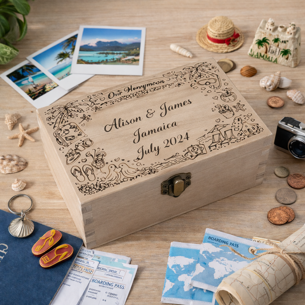 Engraved wooden honeymoon memory box personalised for a couple, surrounded by holiday mementos and photographs.
