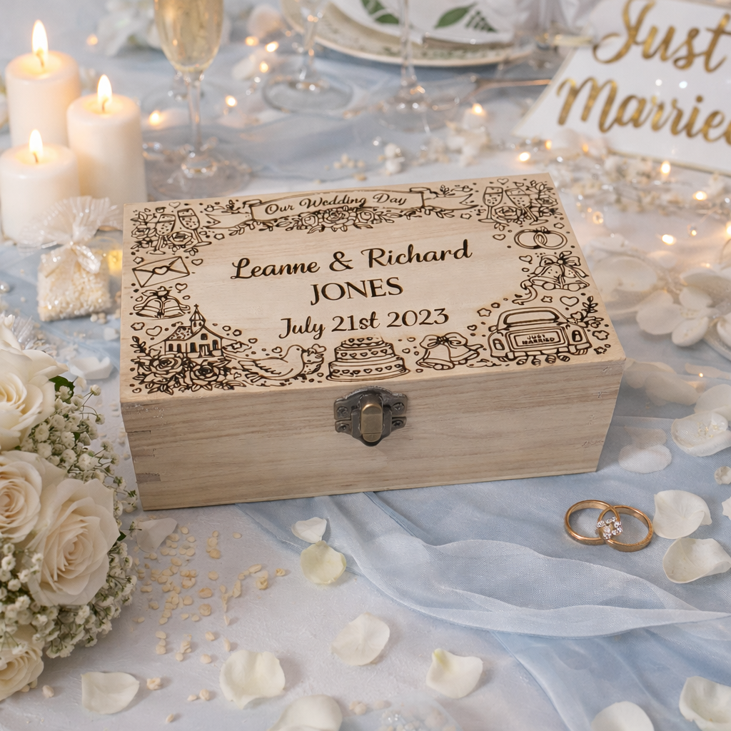 Custom wedding memory box with detailed wedding-themed engraving