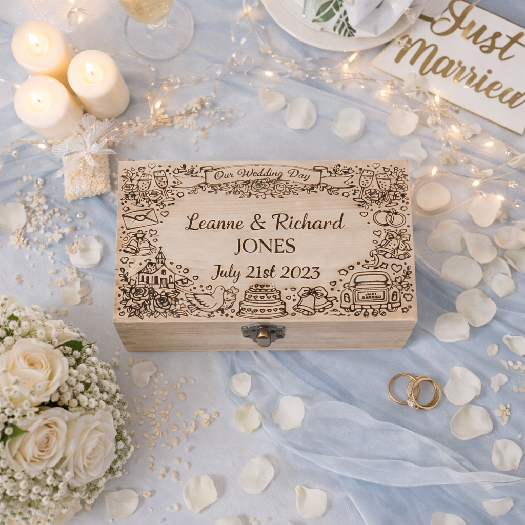 Personalised wooden wedding keepsake box engraved with couple names and wedding date