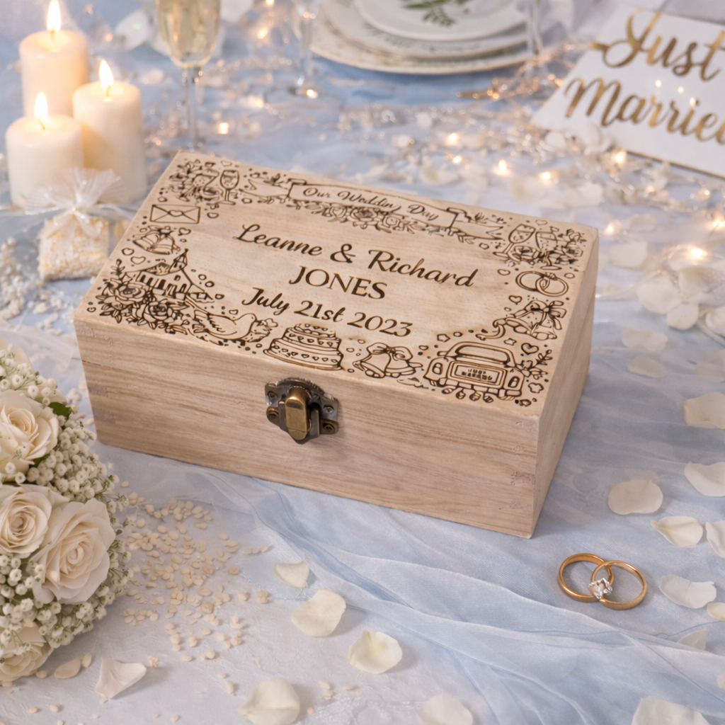 Our Wedding Day engraved keepsake box made from natural wood