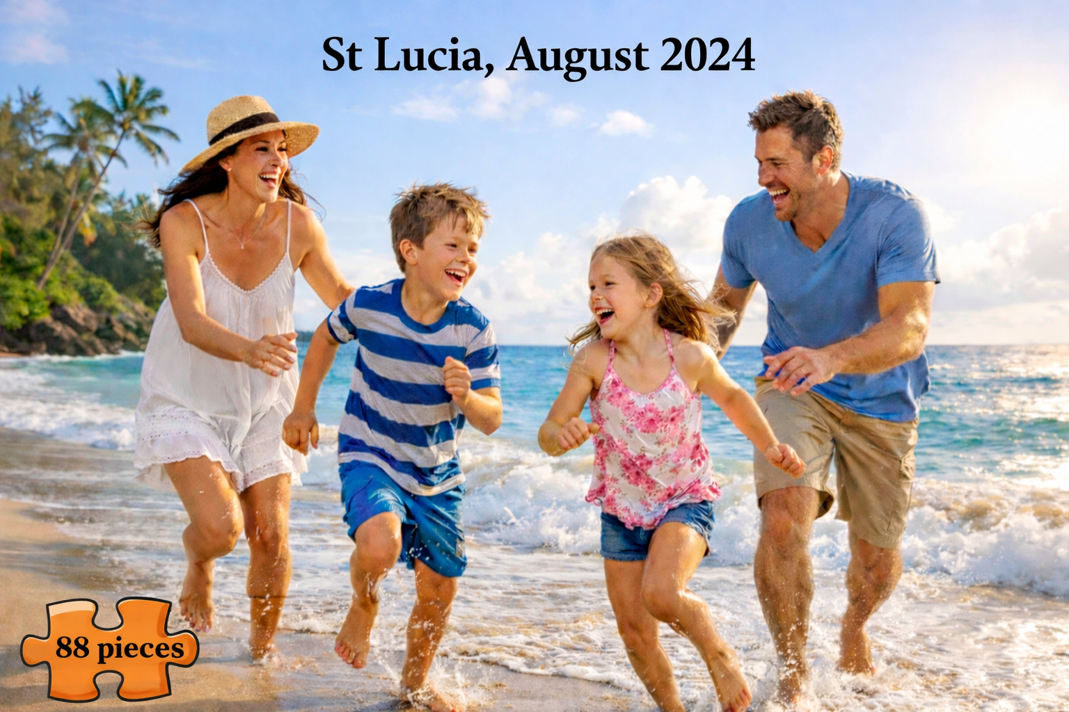 A family of four running and laughing on a tropical beach with the text 'St Lucia, August 2024' at the top and an orange '88 pieces' puzzle icon at the bottom left.