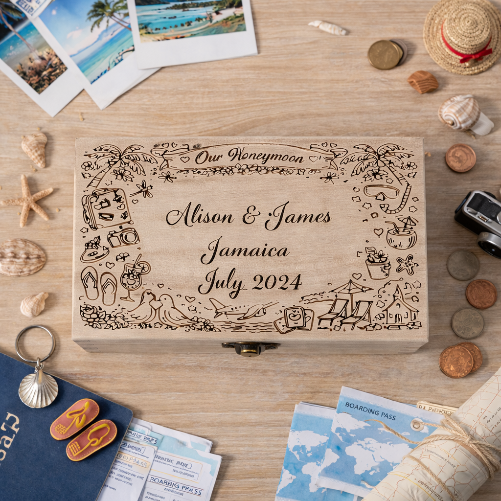 Personalised wooden honeymoon keepsake box with engraved names, location and date, displayed with travel photos and souvenirs.