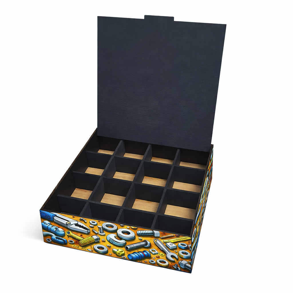 Wooden workshop storage box with Dad’s Bits & Bobs nuts and bolts design