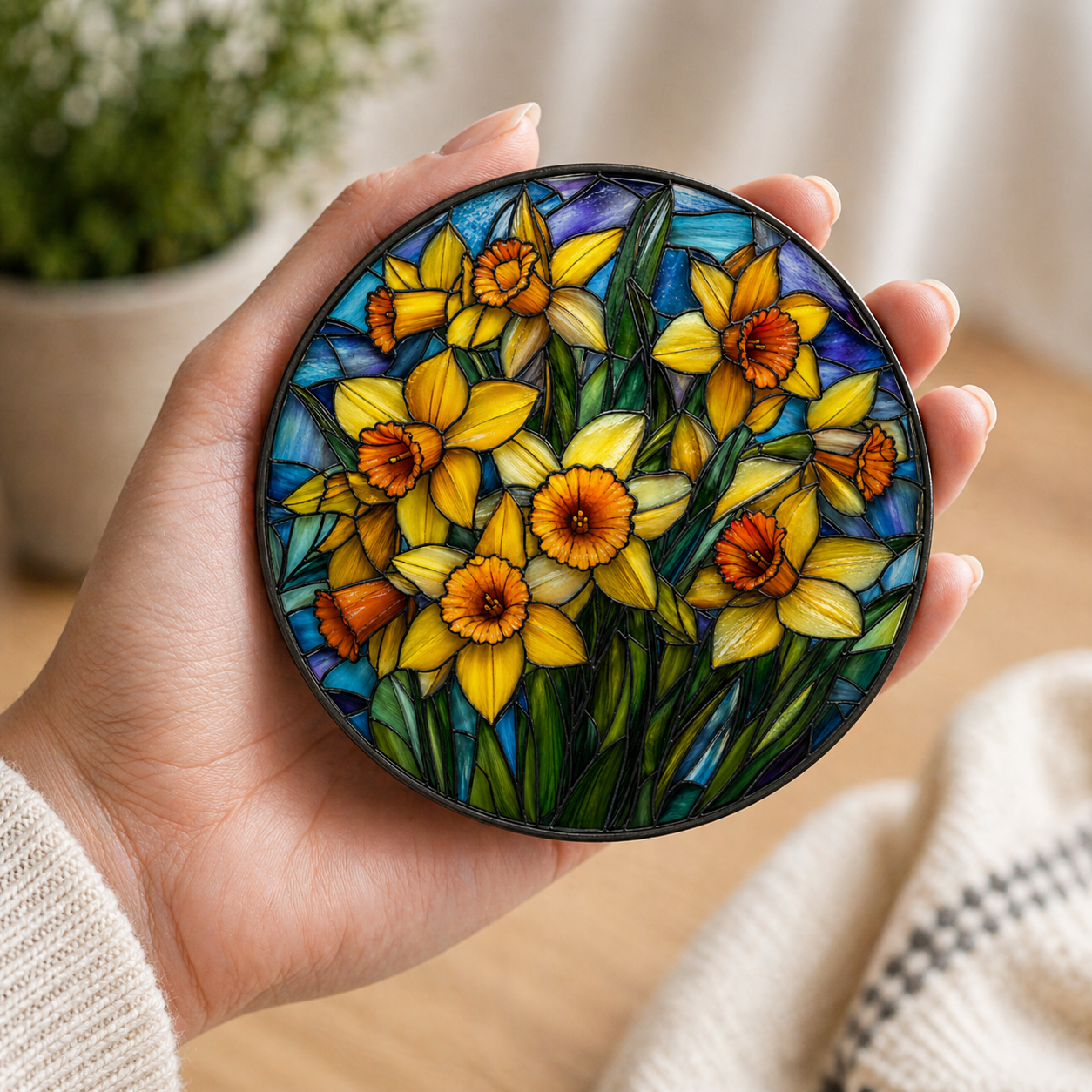 A cluster of vibrant yellow daffodils with rich orange centres set against a deep blue stained glass background, this design captures the beauty of spring in full bloom. The intricate leading lines and luminous colours create a realistic stained glass look, adding a bold and artistic touch to any space.