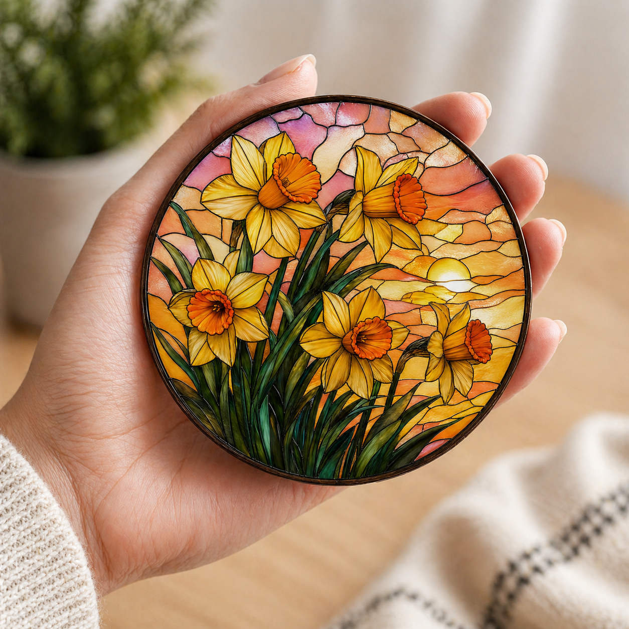 Daffodil Stained Glass Coaster, Yellow Floral Acrylic Drink Coaster