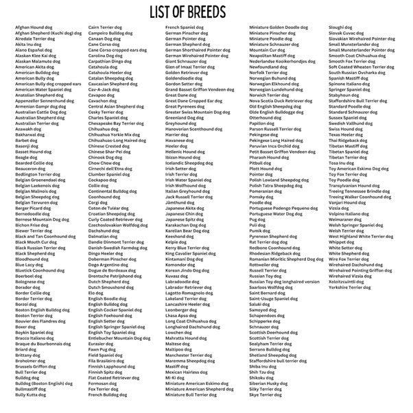 List of dog breeds on a white background