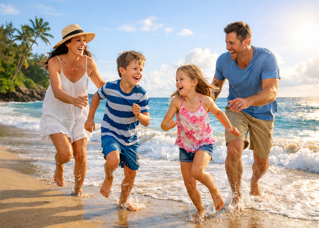 A family of four runs happily in the ocean water on a tropical beach. The mother wears a white sleeveless dress and a straw hat, the father wears a blue t-shirt and khaki shorts, and the two children wear swimwear.