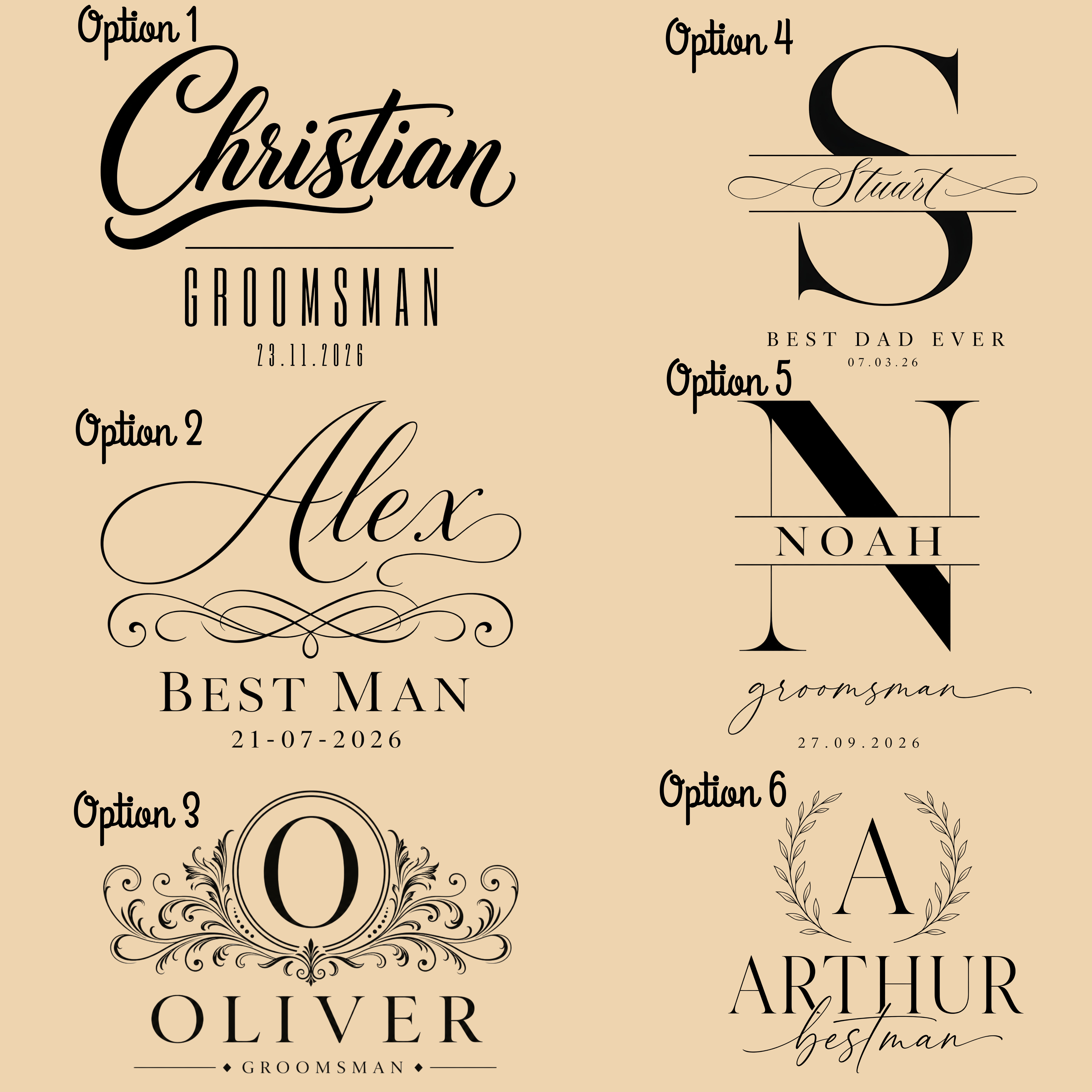 A beige graphic sheet showing six different personalized groomsman monogram design options with sample names and dates: Christian, Stuart, Alex, Noah, Oliver, and Arthur.