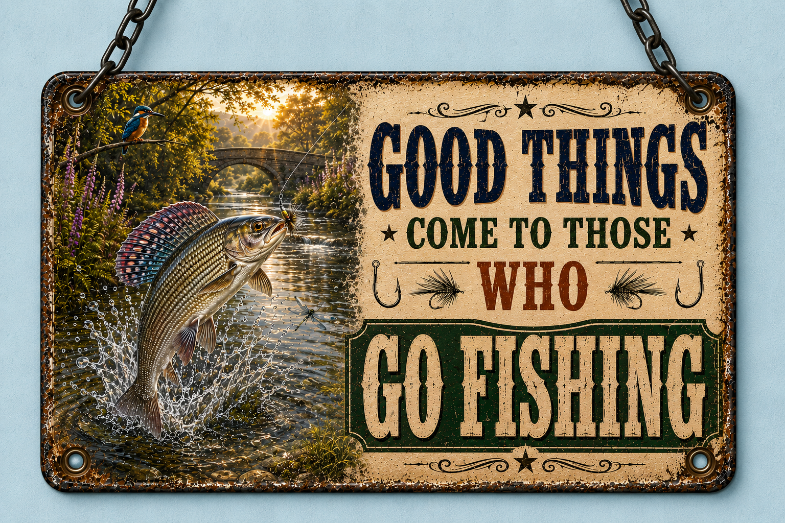 Funny fishing acrylic hanging sign featuring a jumping Perch with the quote "Fishing Is Cheaper Than Divorce And You Get To Keep The Boat", available in 3 sizes with hanging chain and choice of 10 UK fish including Pike, Carp, Salmon, Trout, Grayling, Perch, Tench, Barbel, Chub and Roach.