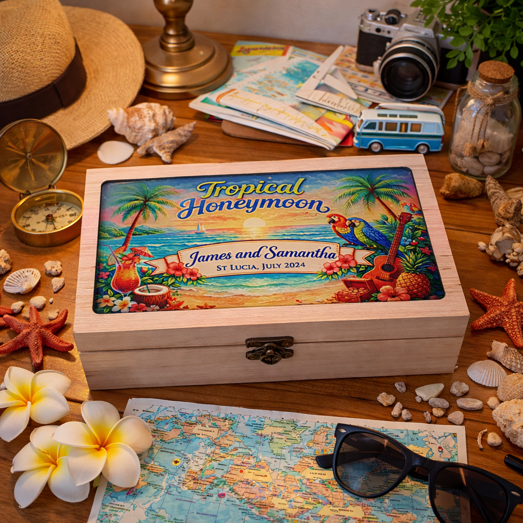 Personalised wooden honeymoon keepsake box with tropical beach artwork and custom names and date on the lid
