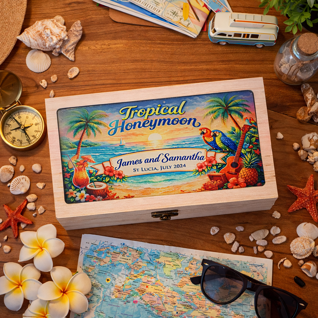 Custom wooden honeymoon keepsake box styled as a wedding or newlywed gift with travel-themed accessories
