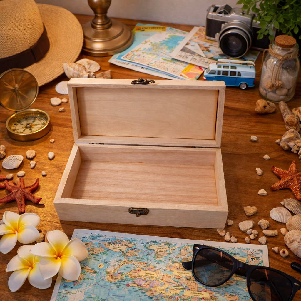 Natural wood personalised keepsake box with secure metal clasp, ideal for storing honeymoon memories