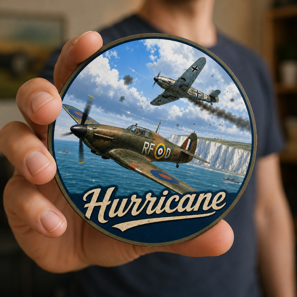 WW2 Hawker Hurricane aircraft acrylic coaster with cork backing featuring RAF fighter plane artwork over the White Cliffs of Dover.