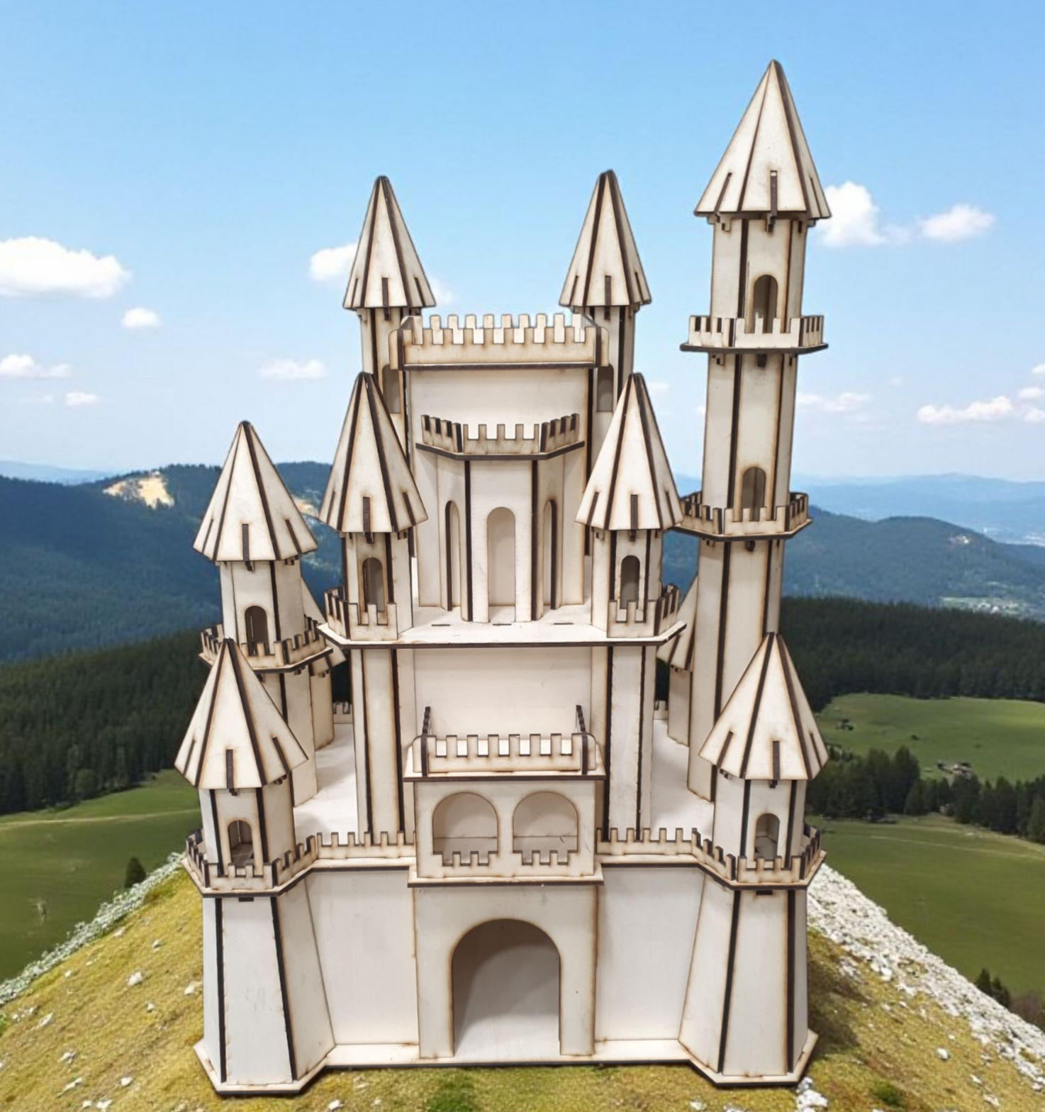 Wooden 3D Modern Medieval Castle Puzzle – 3mm Plywood Laser-Cut DIY Craft