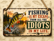 Funny fishing acrylic hanging sign featuring a jumping Perch with the quote "Fishing Is Cheaper Than Divorce And You Get To Keep The Boat", available in 3 sizes with hanging chain and choice of 10 UK fish including Pike, Carp, Salmon, Trout, Grayling, Perch, Tench, Barbel, Chub and Roach.