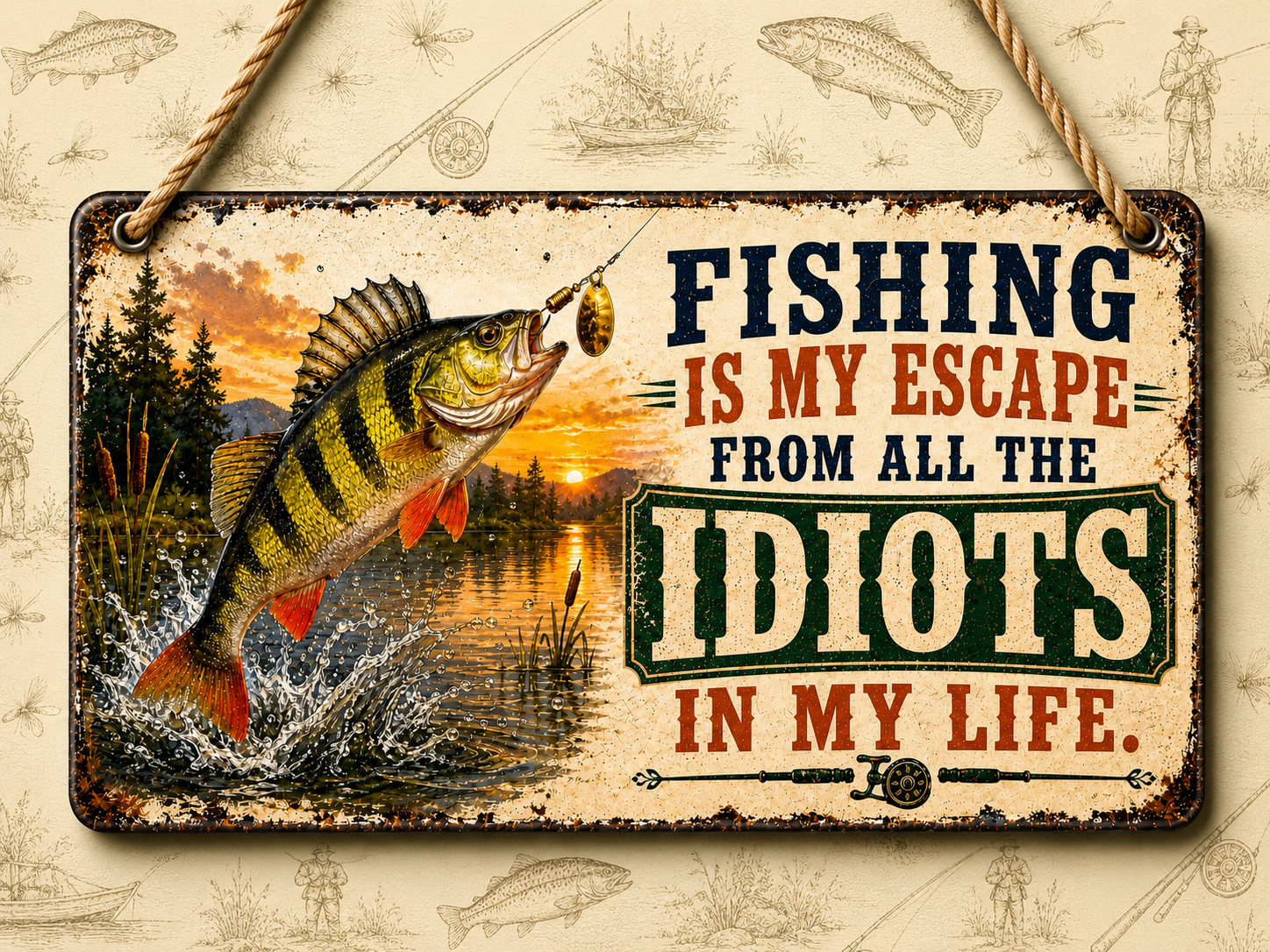 Funny fishing acrylic hanging sign featuring a jumping Perch with the quote "Fishing Is Cheaper Than Divorce And You Get To Keep The Boat", available in 3 sizes with hanging chain and choice of 10 UK fish including Pike, Carp, Salmon, Trout, Grayling, Perch, Tench, Barbel, Chub and Roach.