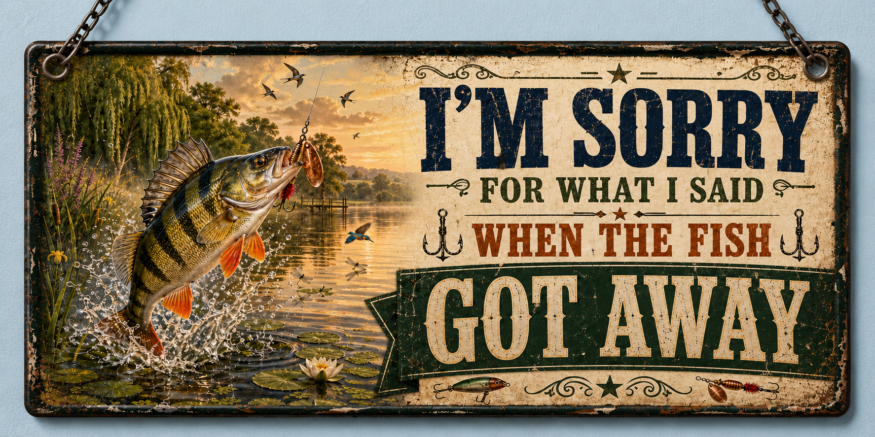 A rectangular metal sign featuring a yellow and black striped fish jumping out of water with a fishing lure in its mouth. The text reads I'M SORRY FOR WHAT I SAID WHEN THE FISH GOT AWAY. The background depicts a lake at sunset.