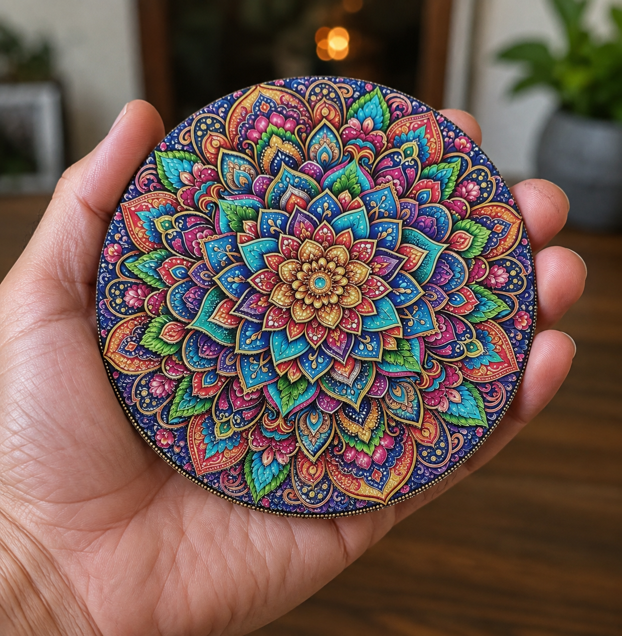 A hand holds a round decorative item featuring a highly detailed, colorful mandala pattern in shades of blue, green, pink, orange, and gold against a dark background.