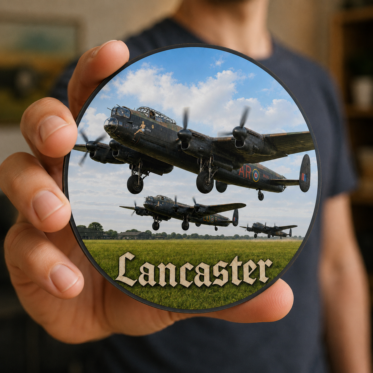 WW2 Avro Lancaster bomber acrylic coaster with cork backing featuring RAF bomber aircraft taking flight over countryside airfield.