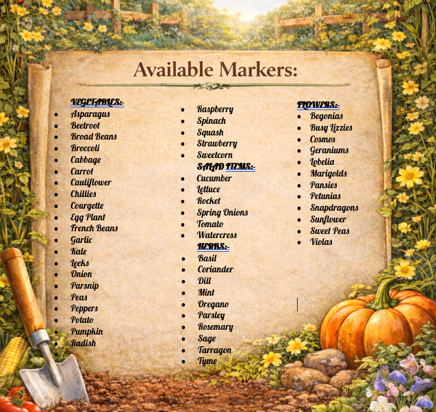 Personalised vegetable plant marker in garden bed displaying colourful printed design.