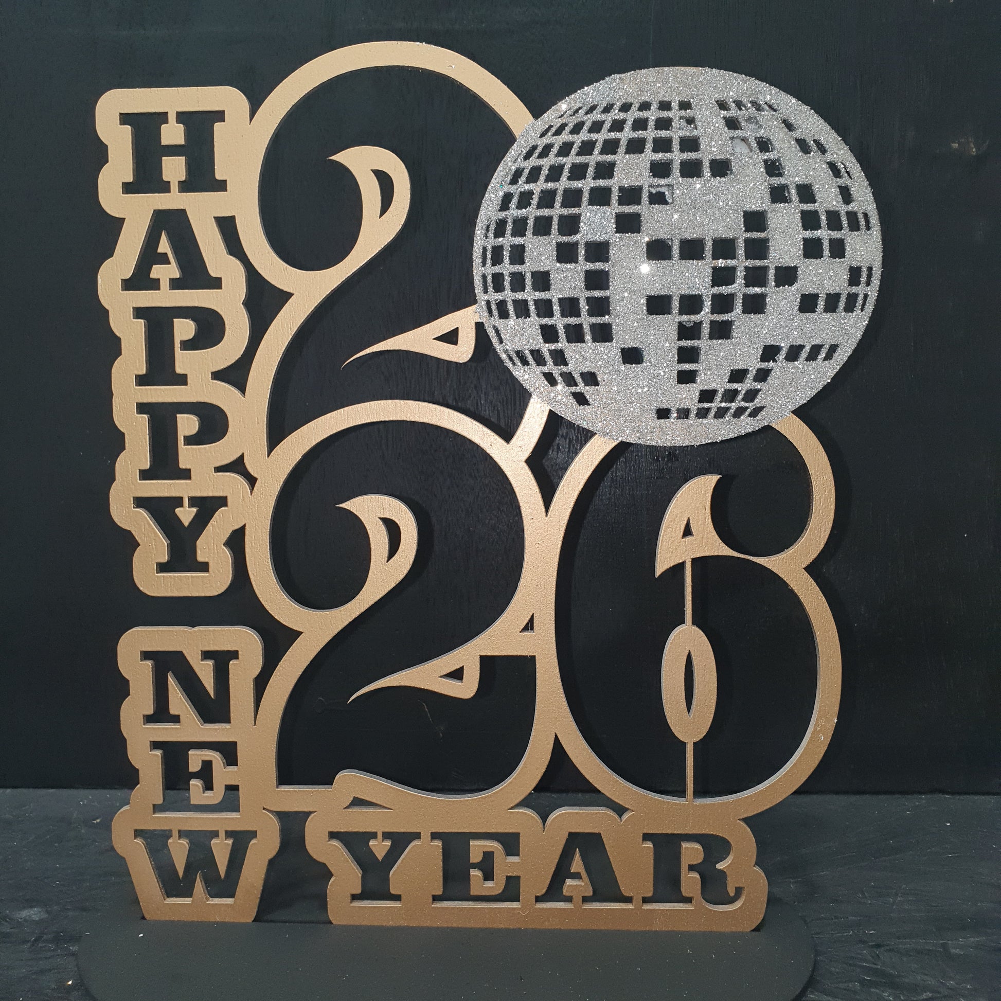 NYE 2026 Celebration Decor: Gold Stand-Up Sign & Sparkling Disco Ball