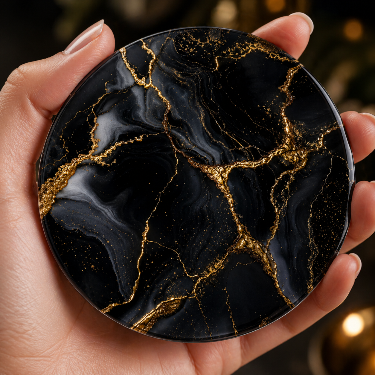 Black and gold marble effect coaster with gold veining held in hand, round 9.5cm cork backed drink coaster luxury decor