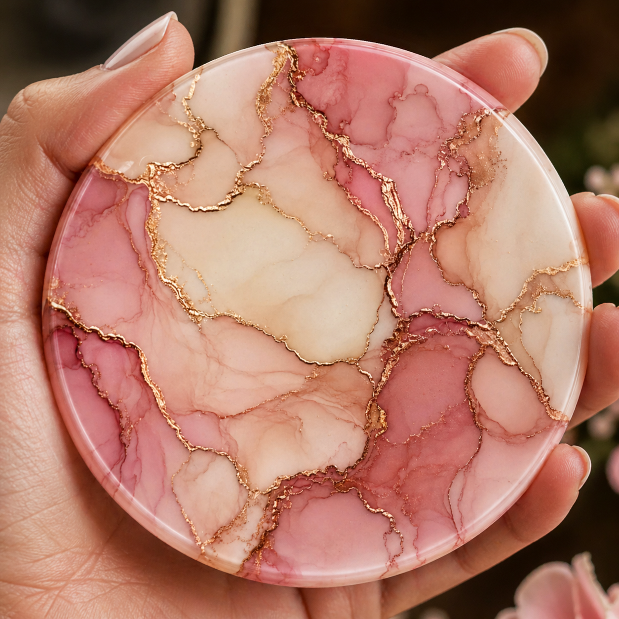 Pink marble effect coaster with gold veining, round 9.5cm drink coaster with cork backing, elegant blush home decor accessory
