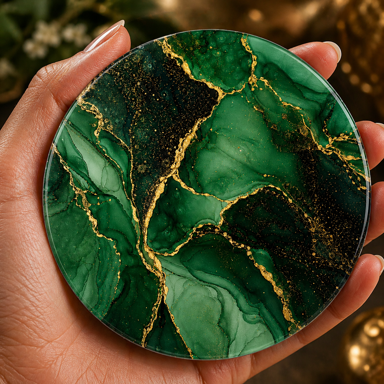 Emerald green marble effect coaster with gold veining held in hand, round 9.5cm cork backed drink coaster luxury home decor
