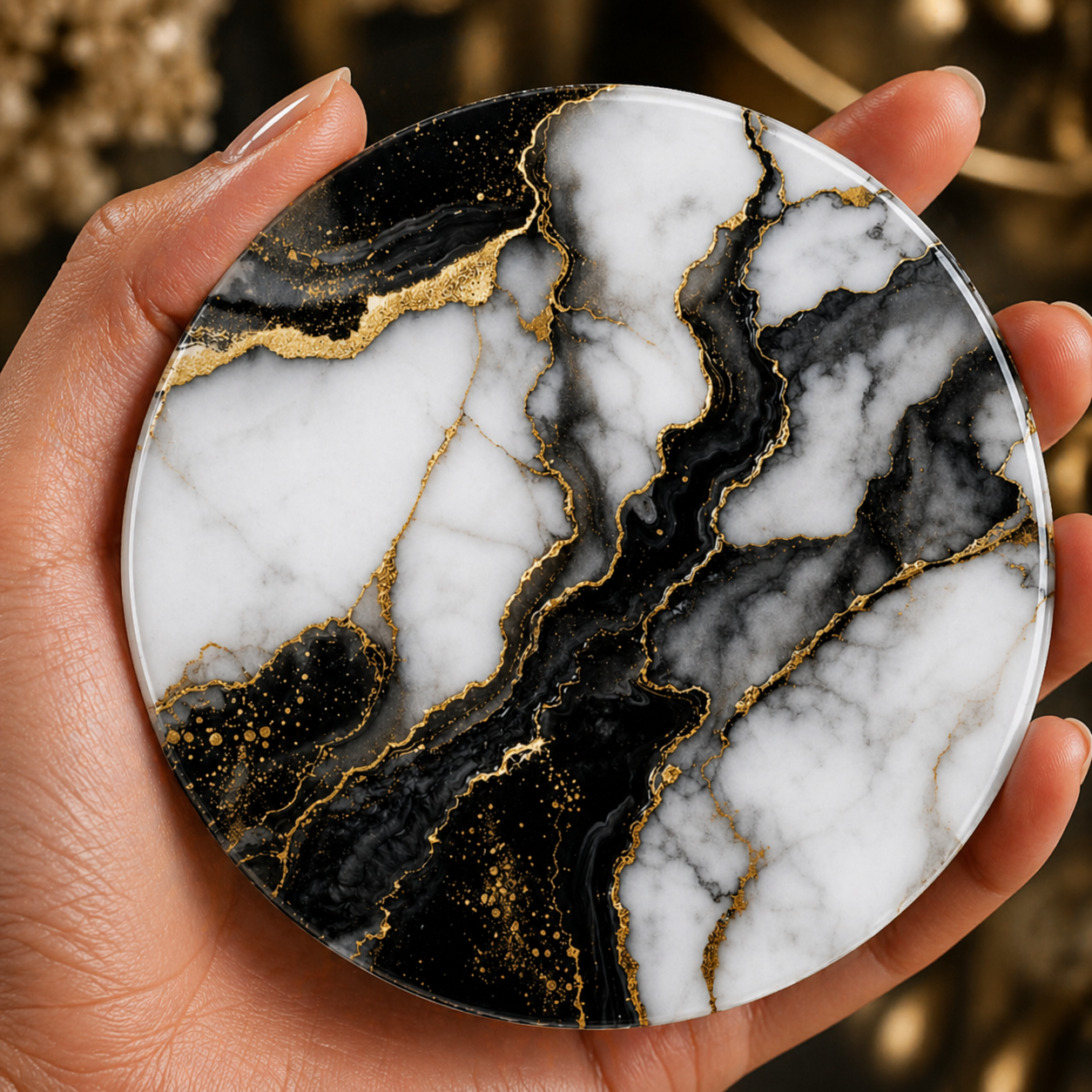 Black and white marble effect coaster with gold veining held in hand, round 9.5cm cork backed drink coaster modern decor