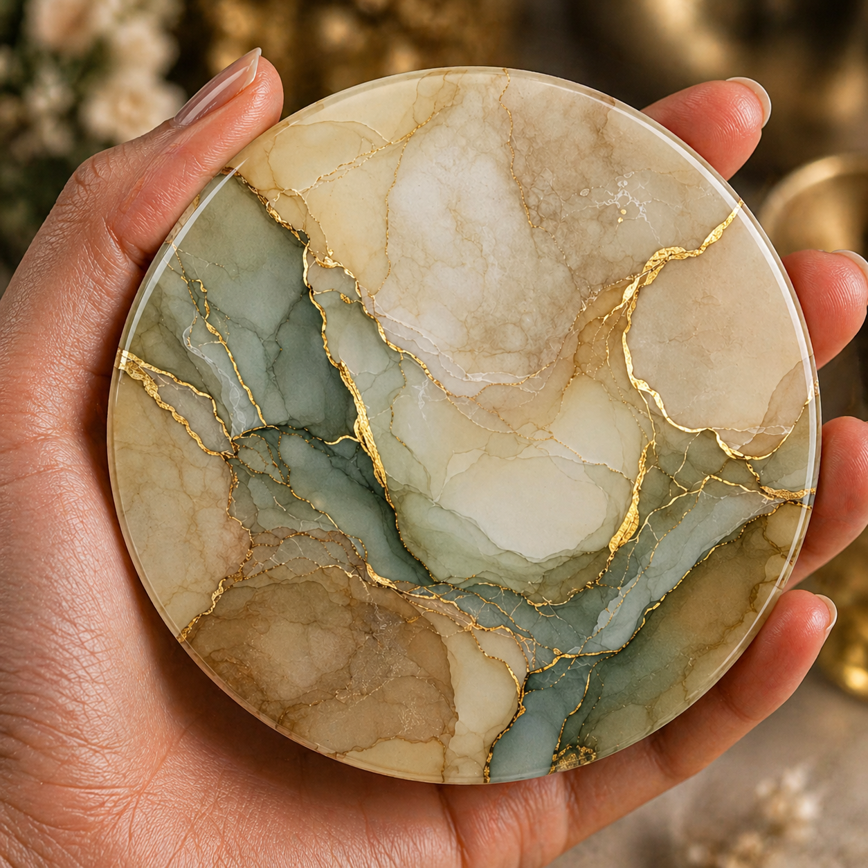 Sage green marble effect coaster with gold veining held in hand, round 9.5cm cork backed drink coaster neutral decor
