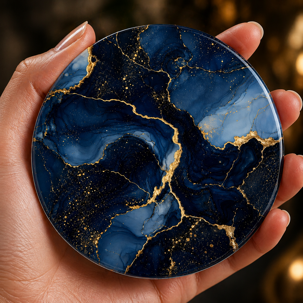 Navy blue marble effect coaster with gold veining held in hand, round 9.5cm cork backed drink coaster luxury decor